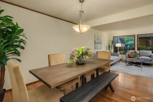 The dining area has seating for at least eight, and the kitchen eating area seats more.