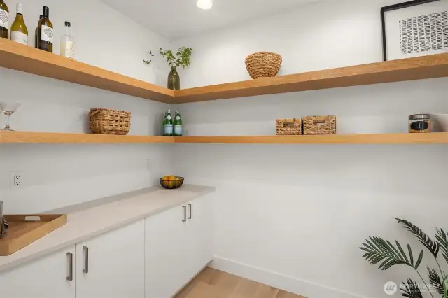 Walk in closet with open shelving and storage