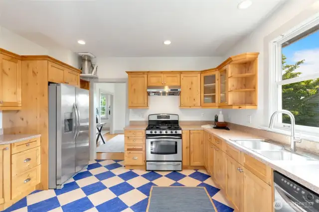 Large kitchen with lots of storage and counter space.