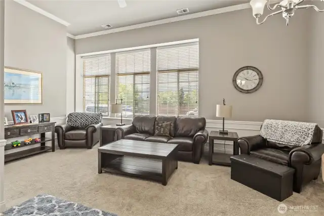 High ceilings make the space feel large and bright.
