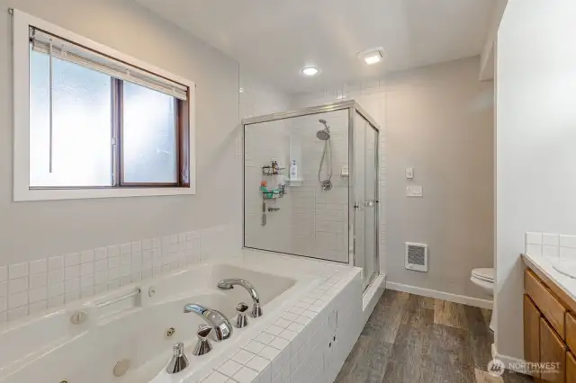 Primary bath with a soaking tub, separate shower, and vanity.