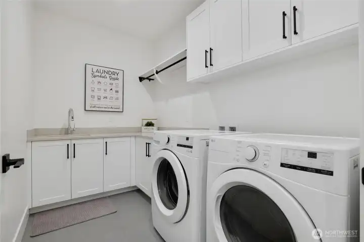 Laundry room with sink and hanging racks