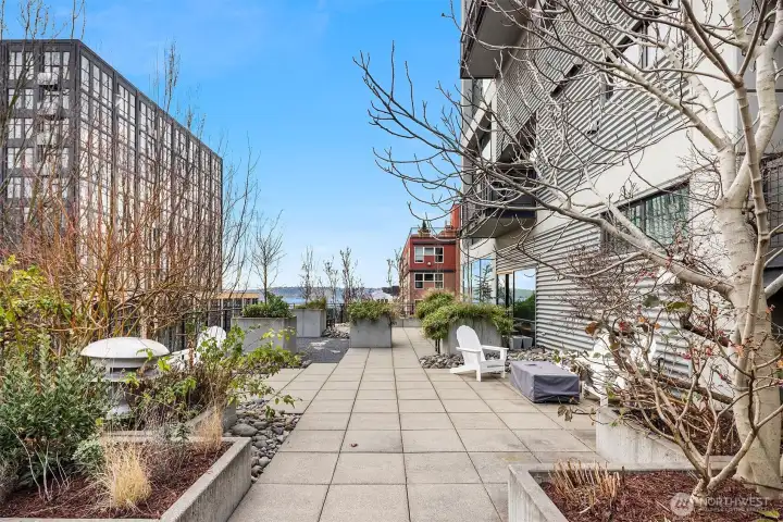 Common area patio wraps around to the west and offers city and Elliott Bay views