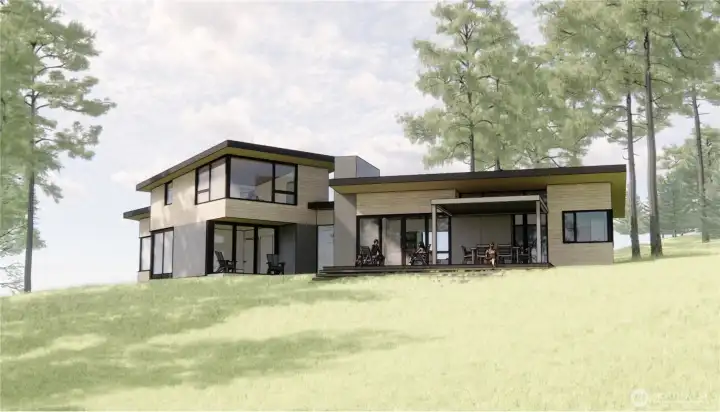 Architectural rendering of back of home in setting, looking south