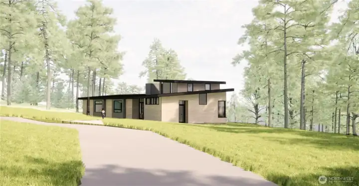 Architectural rendering of front of home in setting, looking north