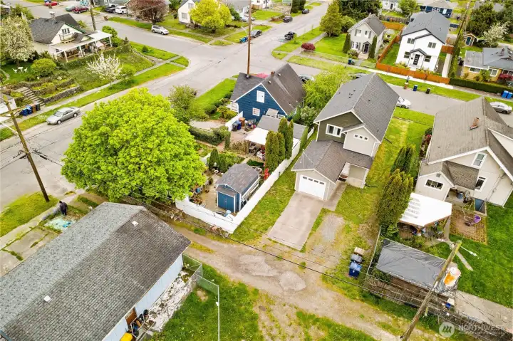 Drone shot of alley and back