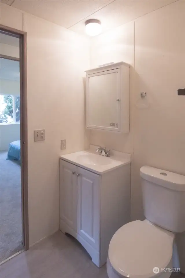 Full bathroom in the hall with new cabinets, and toilet.