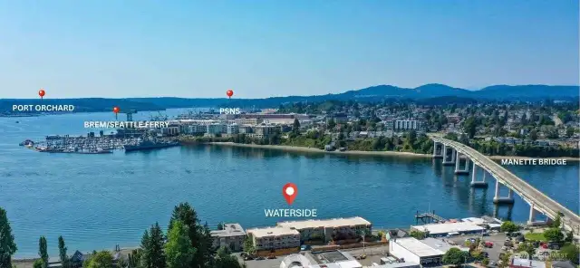 The drone shot show that The Waterside is less than a mile from PSNS main gate or the Seattle Ferry Terminal.