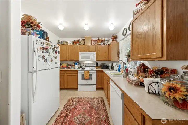 The kitchen, overlooking the backyard, has been updated with newer appliances.