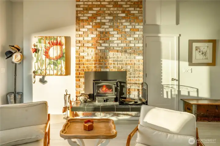 Living room wood fireplace.