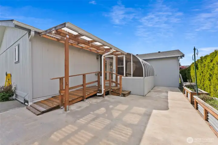 Patio with raised garden beds