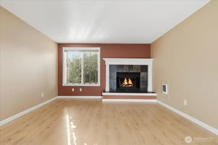 Living Room, Wood-Burning Fireplace, Wood Blinds