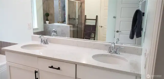 A Picture of the 5 Piece Custom Primary Master Bathroom Showing Double Sinks and Corian Counter Tops.