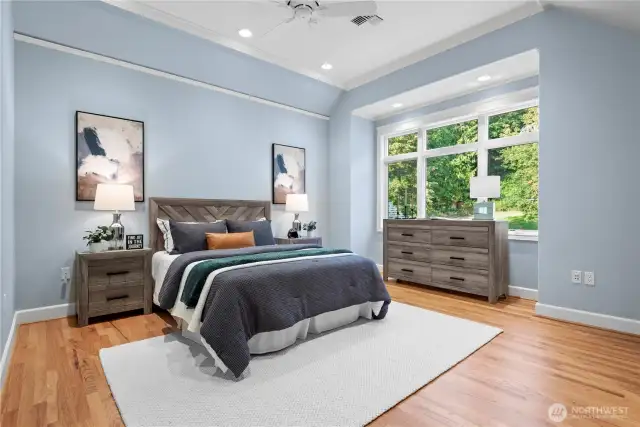 Explore the tranquility of the large, private  bedrooms located upstairs, each designed to  offer comfort and privacy. These generously  sized rooms provide ample space for  relaxation and personalization, featuring  large windows that bathe the rooms in  natural light.