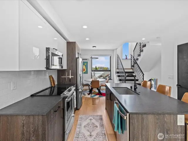kitchen island and dining area