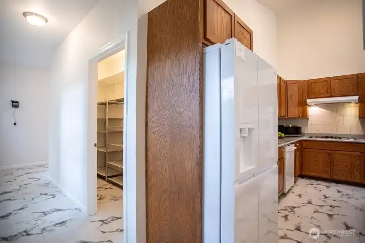 large pantry off of the kitchen with lots of shelving
