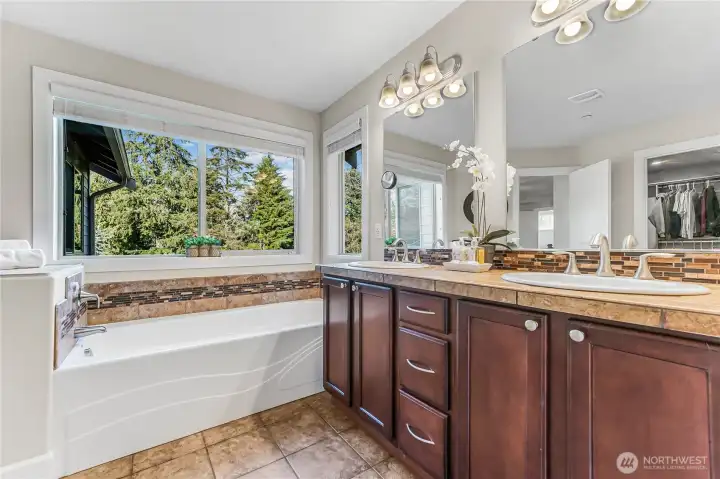 Soaking tub, double sinks and terrific view!