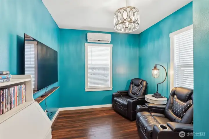 The north bedroom currently being used as a theater room.