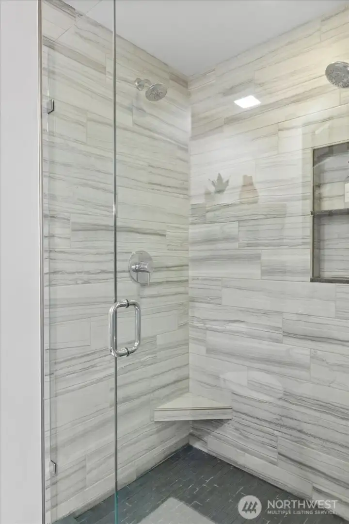 Walk-in shower with tile surround
