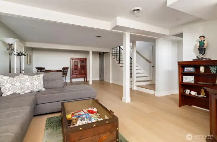 Primary residence lower level is light and bright and used as a family gathering and recreation area. At base of stairs is the door to the mechanical room at right. Entrance to half bath is just left of the bookcase. Entrance to the stairs to the garage is at left just beyond the sofa.