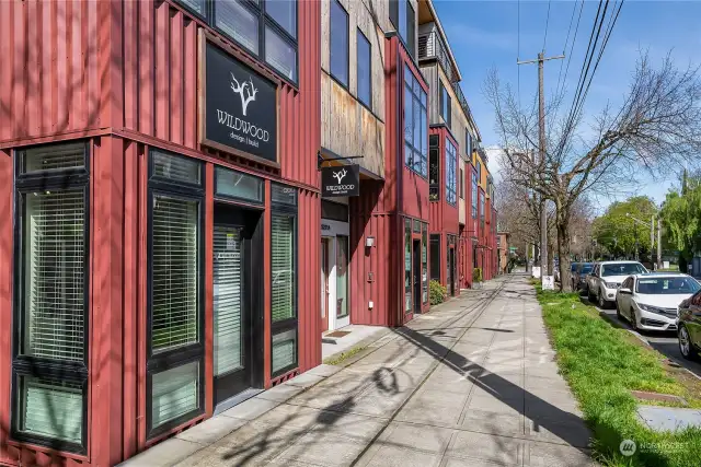 In the same complex, these east-facing live/work townhomes line California Ave and offer a variety of convenient offerings.  You have the convenience of California Ave (with out all the street noise!)