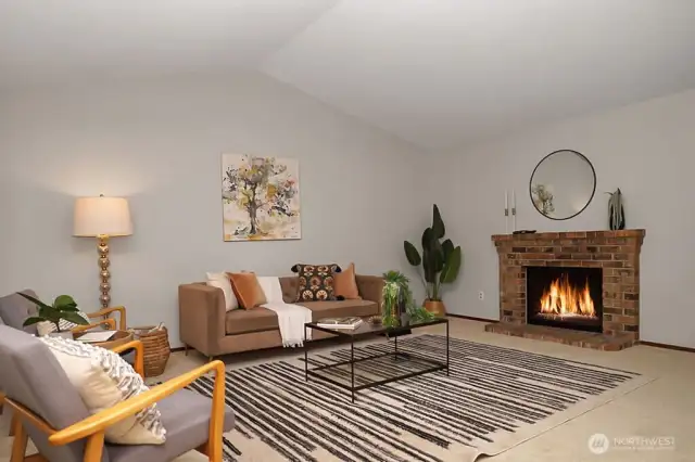 Great room with wood burning fireplace