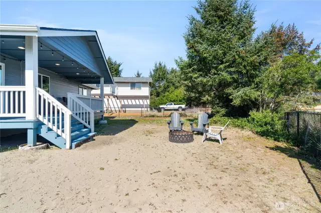 Backyard, fully fenced with firepit