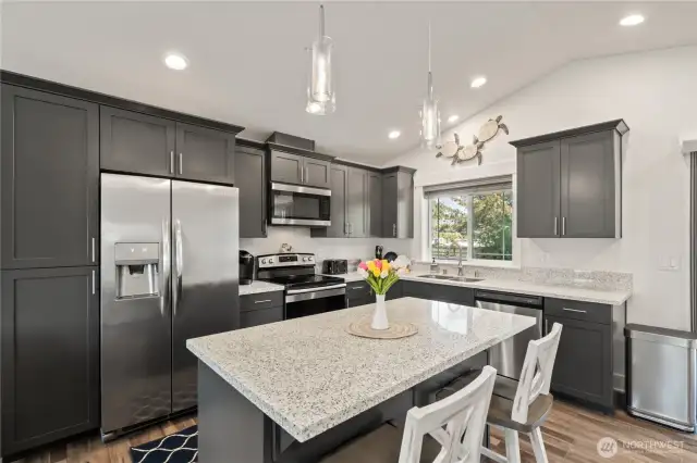 Kitchen with stainless appliances & modern lighting