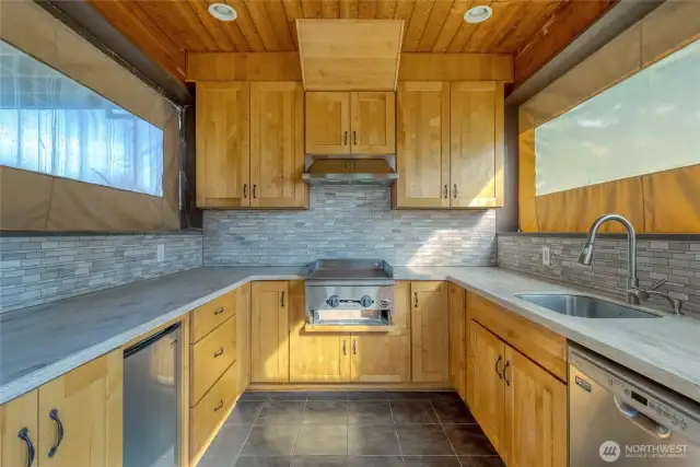 Outdoor kitchen includes fridge, cook top, sink, and dishwasher
