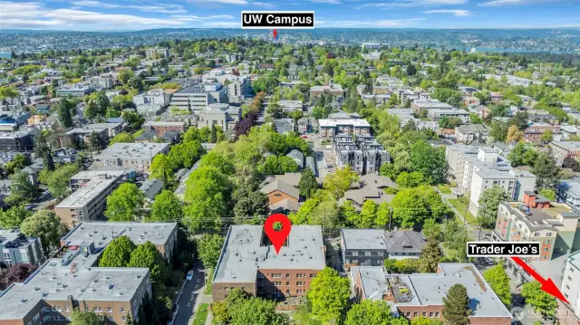 Drone photo from above the building looking North. Trader Joe's is to the right and Central Co-Op Grocery stores are within a block. The UW Campus is a quick commute away.