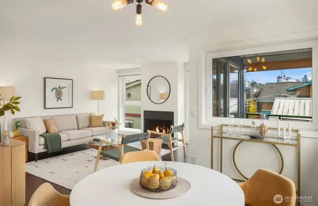 Looking from the dining room to the living room
