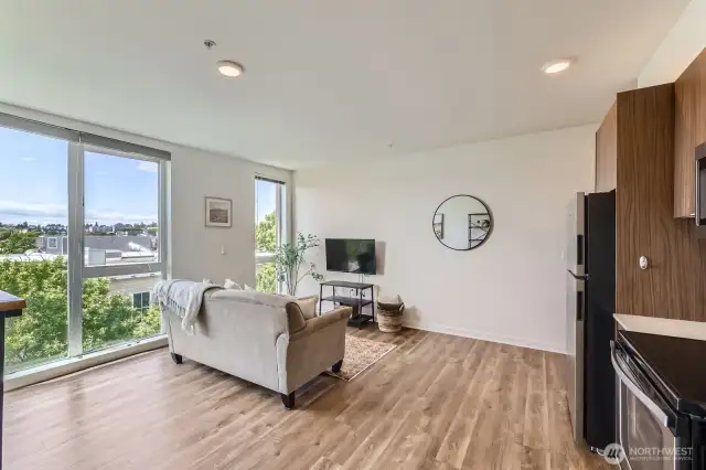 Living Room Lets in Ample Light with Large Floor to Ceiling Windows