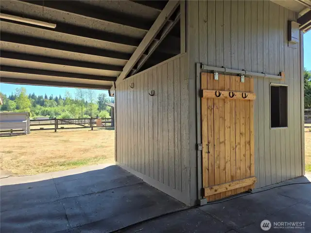 12 x 12 stall with lots of area for storage or expanding.
