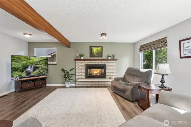 Spacious living room with gas fireplace