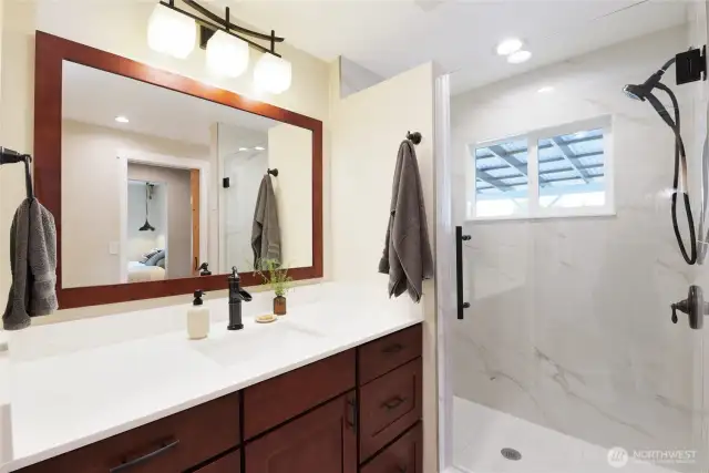 Remodeled bath with walk in shower