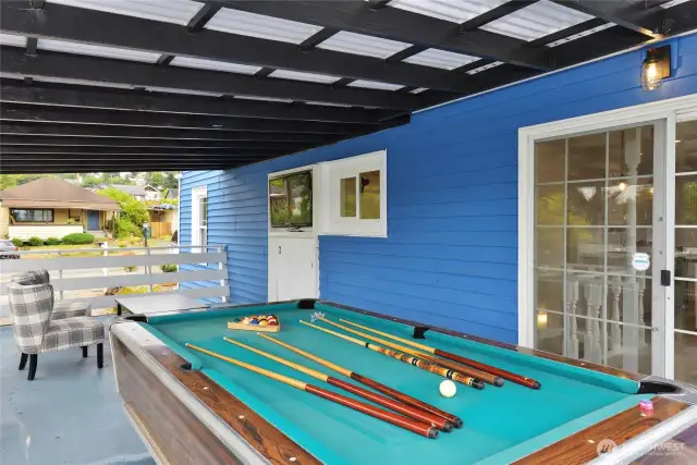Covered outdoor deck with TV space and pool table (stays with house)