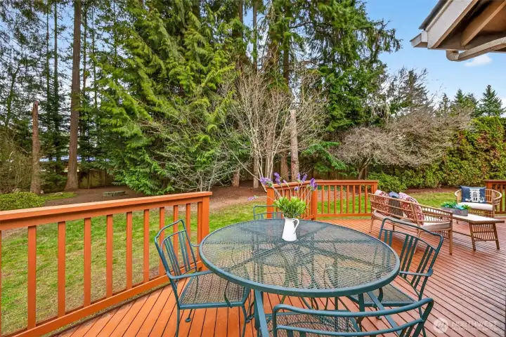 Another deck perspective highlights the outdoor entertaining footprint and how comfortably it fits multiple uses. It is an ideal spot for meals outside, grilling, or relaxing with a book. The yard backdrop keeps it feeling peaceful and private.