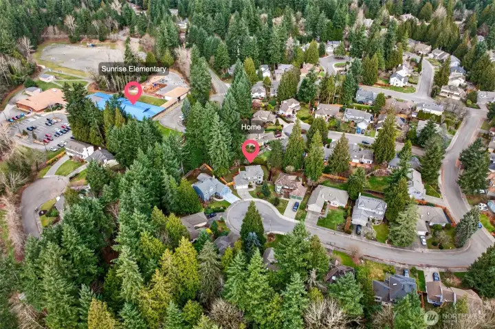 This neighborhood aerial highlights the surrounding tree canopy and the home’s placement within a quiet residential setting. The labeled reference points make it easy to visualize proximity to nearby amenities, including Sunrise Elementary.