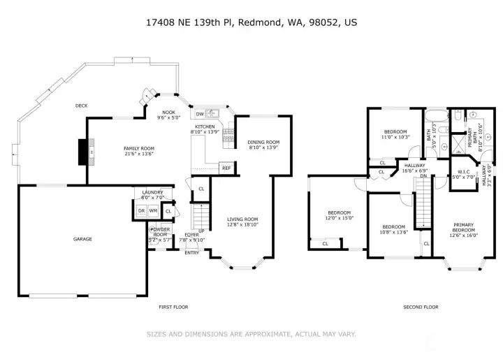 The floor plan provides a clear look at the home’s functional layout, with distinct living, dining, kitchen, and family room spaces on the main level. The upper level shows the bedroom distribution and the primary suite separation for privacy.
