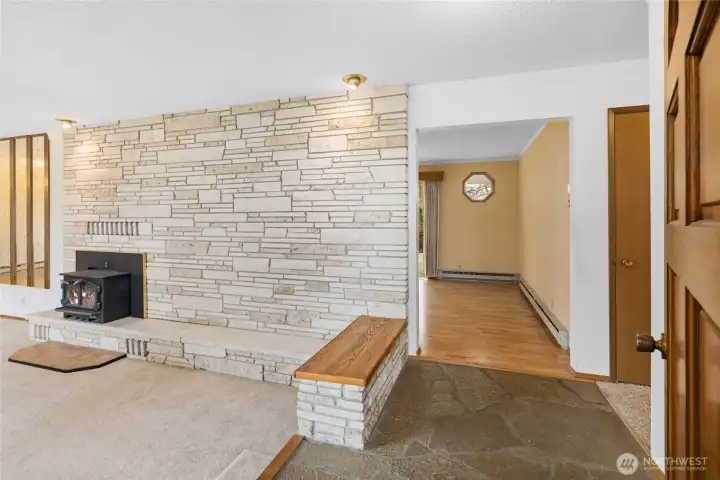 Great room with one of 2 fireplaces