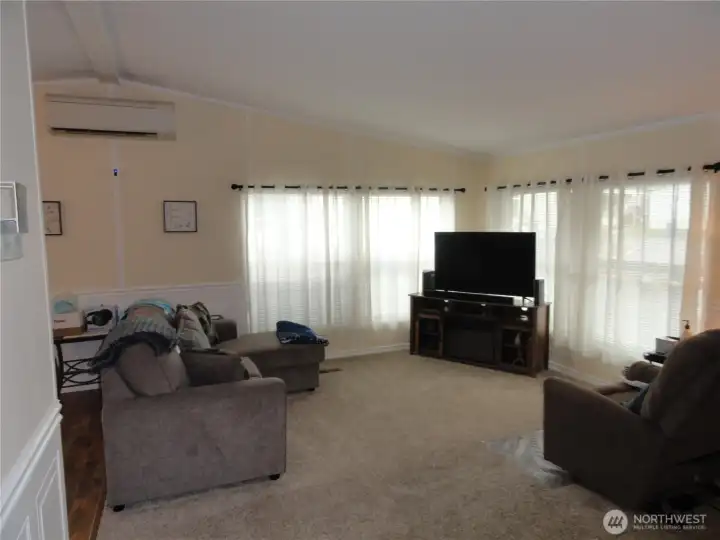 Large living room with a lot of natural light!  New mini-ductless system. New carpeting!