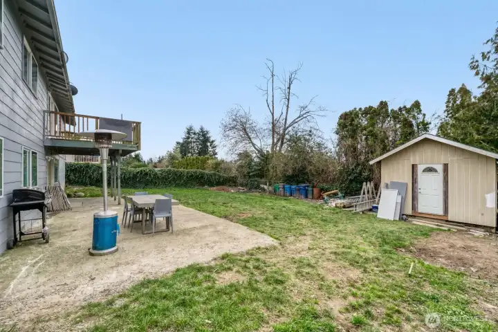 Large backyard with oversize shed