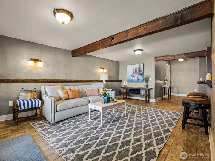 On the bottom level you have a family room a .75 bath, a movie room and a bedroom. There could potentially be an opportunity for rental income if you made this a separate suite or multi generational living