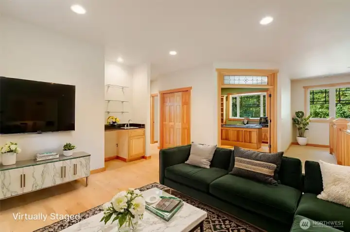 Loft offers a huge living area with a wet bar!