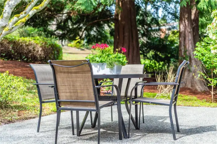 Surrounded by mature trees and beautiful greenery, the patio offers a lovely setting for enjoying the out of doors.