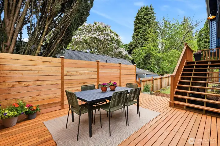 Private deck at the main entrance is great for entertaining. Private deck at the main entrance is great for entertaining.