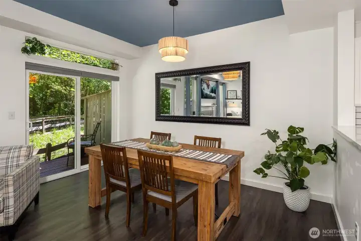 The dining area is spacious, allowing for a large table.