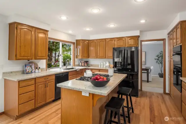 Good-sized kitchen with convenient lay-out, island with seating, cupboard pantry, and slab counters.