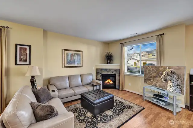 Cozy living area with gas fireplace.