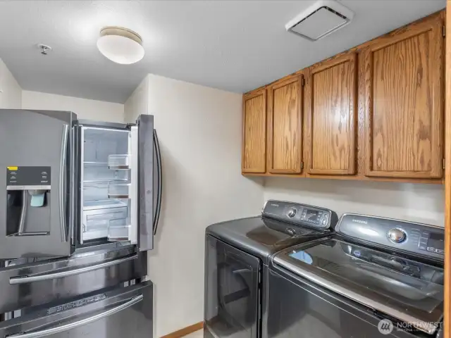 Laundry room with spare fridge